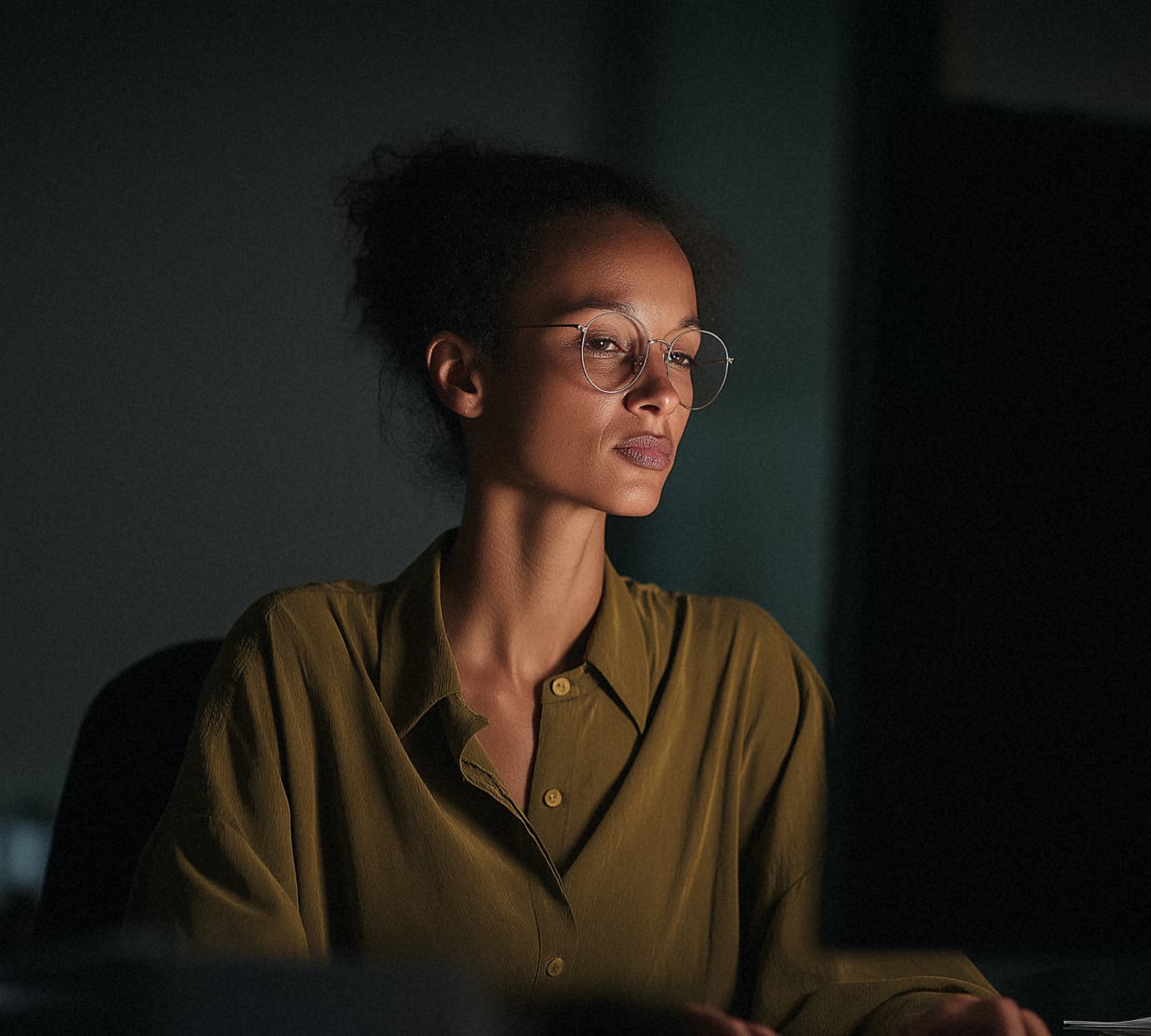 Woman working at computer in dark environment
